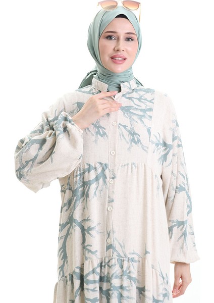 Yarım Düğmeli Desenli Elbise 2110-01 Çağla Yeşili indirimleri