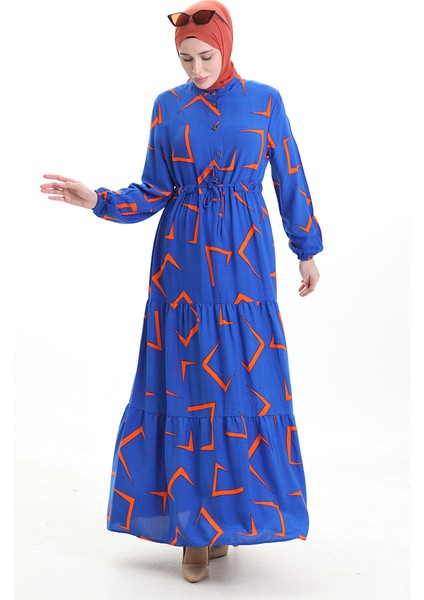Beli Bağcıklı Düğmeli Desenli Elbise 2109-02 Saks Turuncu modelleri