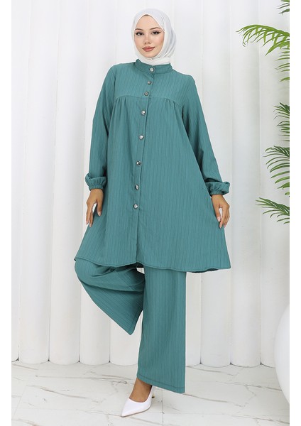 Boydan Düğmeli Tunik Pantolon Ikili Takım 2108-03 Yeşil