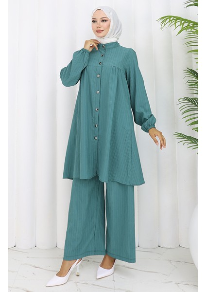 Boydan Düğmeli Tunik Pantolon Ikili Takım 2108-03 Yeşil modelleri