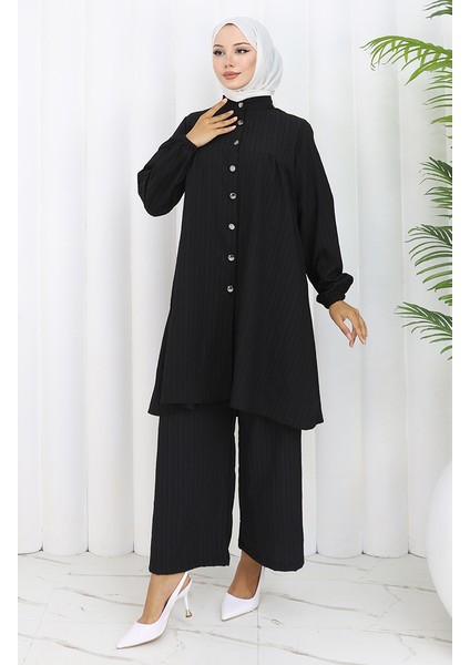 Boydan Düğmeli Tunik Pantolon Ikili Takım 2108-05 Siyah