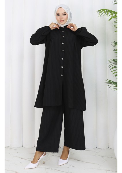 Boydan Düğmeli Tunik Pantolon Ikili Takım 2108-05 Siyah modelleri