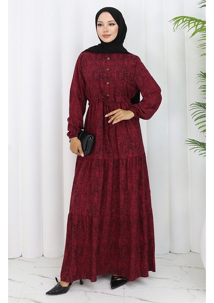 Beli Bağcıklı Desenli Elbise 2107-02 Bordo