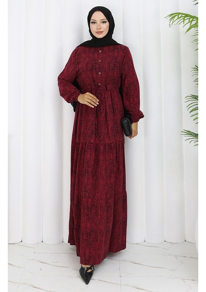 Beli Bağcıklı Desenli Elbise 2107-02 Bordo fiyatları