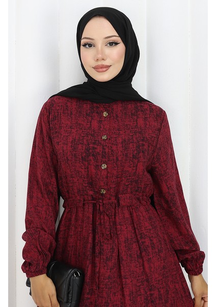Beli Bağcıklı Desenli Elbise 2107-02 Bordo modelleri