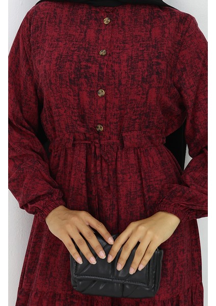 Beli Bağcıklı Desenli Elbise 2107-02 Bordo fırsatları