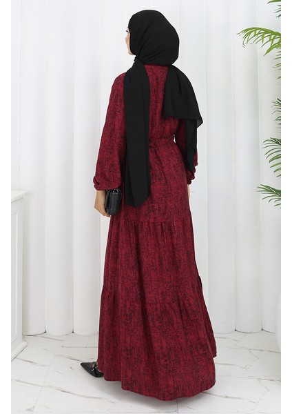 Beli Bağcıklı Desenli Elbise 2107-02 Bordo indirimleri