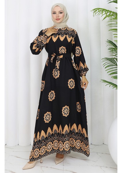Desenli Kuşaklı Elbise 2104-01 Siyah