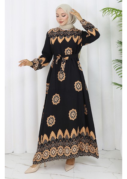 Desenli Kuşaklı Elbise 2104-01 Siyah fiyatları