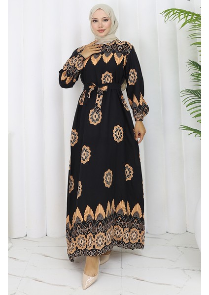 Desenli Kuşaklı Elbise 2104-01 Siyah modelleri