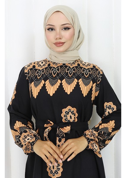 Desenli Kuşaklı Elbise 2104-01 Siyah fırsatları