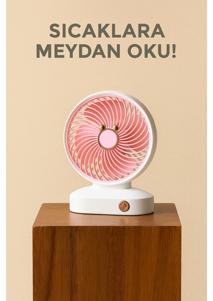 Pembe 2 Kademeli Mini Masaüstü Fan – Sessiz, USB Şarjlı, 4 Pervaneli