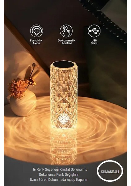 Dokunmatik Kristal Lamba 16 Renk Rgb Uzaktan Kumandalı USB Şarjlı LED Masa Lambası Gece Lambası
