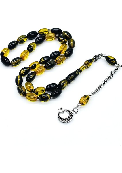 Sarı Siyah Hareli Sıkma Ateş Kehribar Tesbih