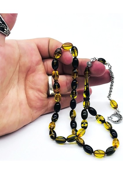 Sarı Siyah Hareli Sıkma Ateş Kehribar Tesbih fiyatları