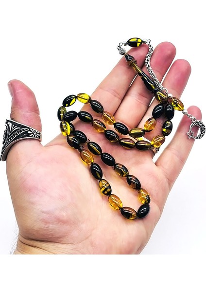 Sarı Siyah Hareli Sıkma Ateş Kehribar Tesbih modelleri