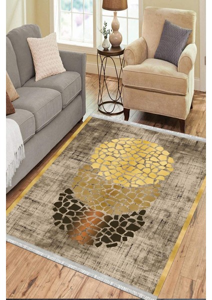 Altın Renk Çerçeveli Halı Makinede Yıkanabilir Kaymaz Taban Kilim Dot Tabanlı Salon Halısı 0040A