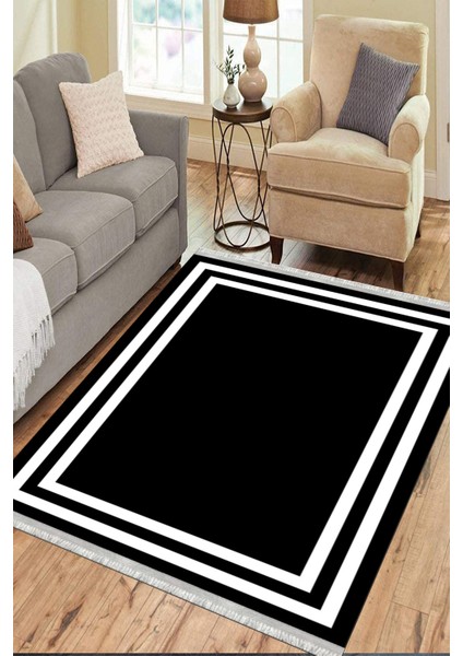 Düz Çizgili Siyah Modern Makinede Yıkanabilir Kaymaz Taban Kilim Dot Tabanlı Salon Halısı 0065A