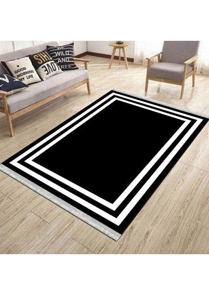 Düz Çizgili Siyah Modern Makinede Yıkanabilir Kaymaz Taban Kilim Dot Tabanlı Salon Halısı 0065A modelleri