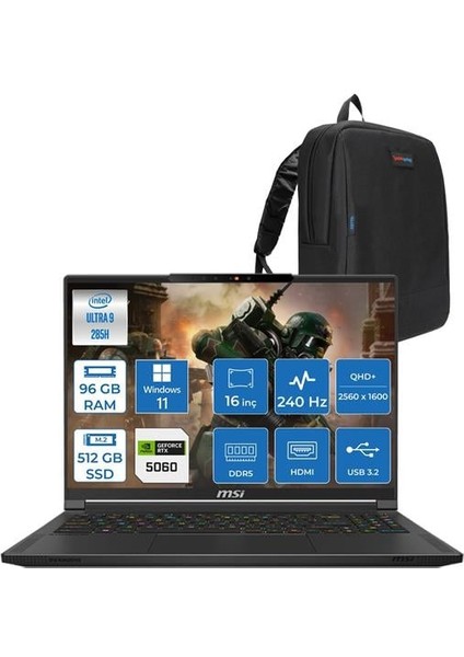 Msı Stealth 16 Aı Ultra 9 285H 96GB Ddr5 512GB SSD 8GB/RTX5060/95W 16" Qhd+ 240hz OLED Windows 11 Home Taşınabilir Bilgisayar A2HWFGH21 + Zettaçanta