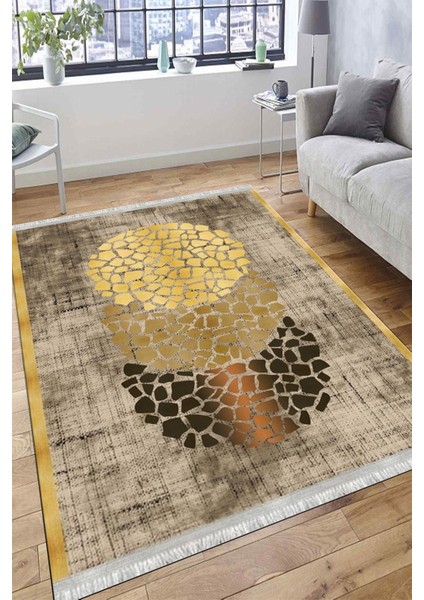 Altın Renk Çerçeveli Halı Makinede Yıkanabilir Kaymaz Taban Kilim Dot Tabanlı Salon Halısı 0040A fırsatları