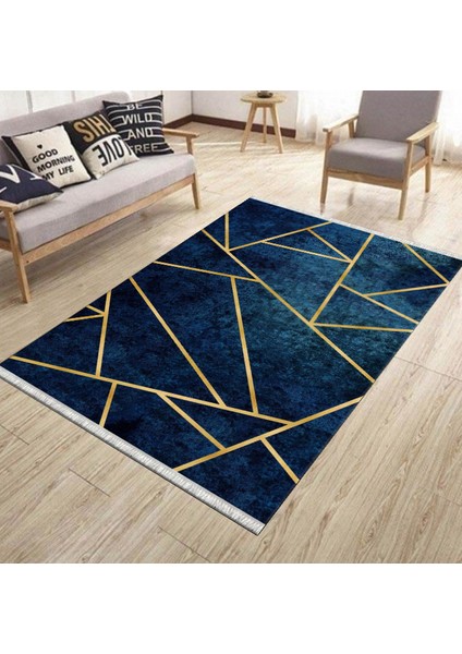 Lacivert Geometrik Çizgili Makinede Yıkanabilir Kaymaz Taban Halı Dot Tabanlı Salon Halısı 0120F