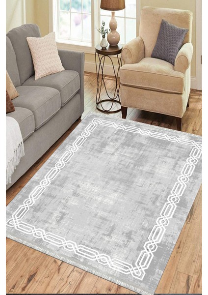 Gri Dekoratif Halı Makinede Yıkanabilir Kaymaz Taban Kilim Dot Tabanlı Salon Halısı 0061C