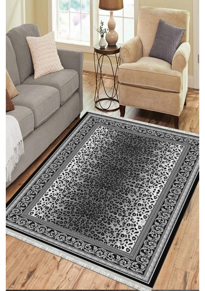Gri Leopar Desenli Kilim Makinede Yıkanabilir Kaymaz Taban Kilim Dot Tabanlı Salon Halısı 0051B