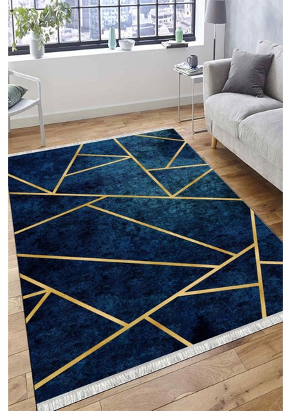 Lacivert Geometrik Çizgili Makinede Yıkanabilir Kaymaz Taban Halı Dot Tabanlı Salon Halısı 0120F fiyatları
