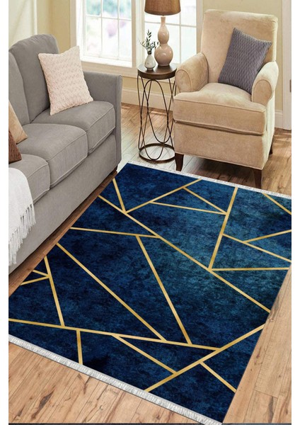Lacivert Geometrik Çizgili Makinede Yıkanabilir Kaymaz Taban Halı Dot Tabanlı Salon Halısı 0120F modelleri