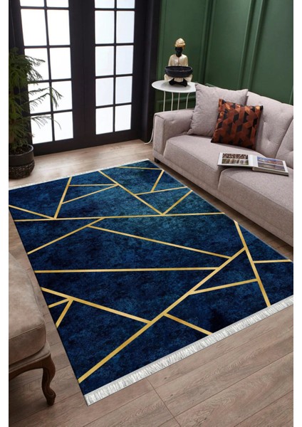Lacivert Geometrik Çizgili Makinede Yıkanabilir Kaymaz Taban Halı Dot Tabanlı Salon Halısı 0120F fırsatları