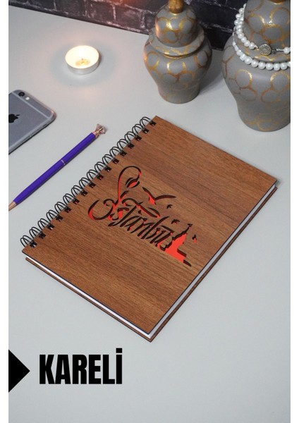 Istanbul Temalı Ahşap Kapaklı Defter - Kareli Defter - Ajanda - Okul Defteri (A5 - 120 Sayfa)