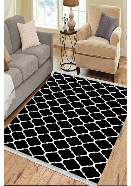 Siyah Beyaz Çizgili Halı Kaymaz Taban Makinede Yıkanabilir Kilim Dot Tabanlı Salon Halısı 0010C