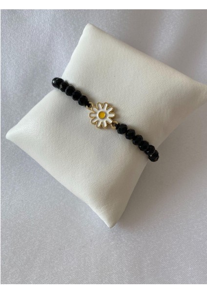 Siyah Papatya Figürlü Parlak Boncuklu Ipli Bileklik