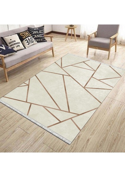Krem Geometrik Çizgili Makinede Yıkanabilir Kaymaz Tabanlı Halı Dot Tabanlı Salon Halısı 0120E modelleri
