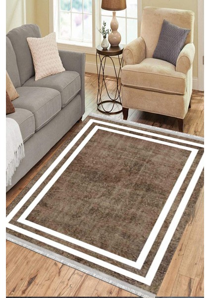 Kahverengi Modern Halı Makinede Yıkanabilir Kaymaz Taban Kilim Dokuma Tabanlı Salon Halısı 0070A