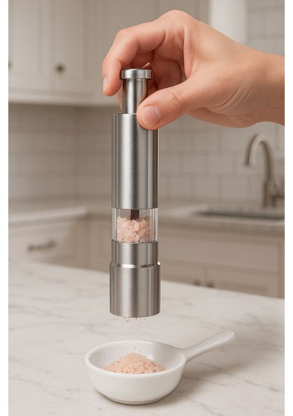 Paslanmaz Çelik Tek Elle Kullanılabilir Manuel Tuz ve Karabiber Öğütücü