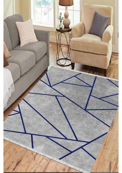 Gri Geometrik Çizgili Makinede Yıkanabilir Kaymaz Tabanlı Halı Dot Tabanlı Salon Halısı 0120D