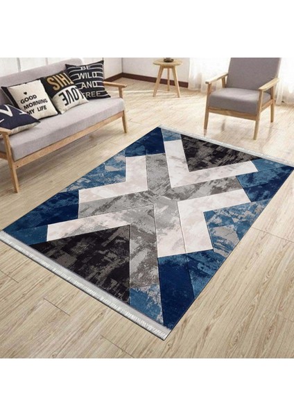 Geometrik Mavi Halı Makinede Yıkanabilir Kaymaz Tabanlı Kilim Dot Tabanlı Salon Halısı 0037D modelleri