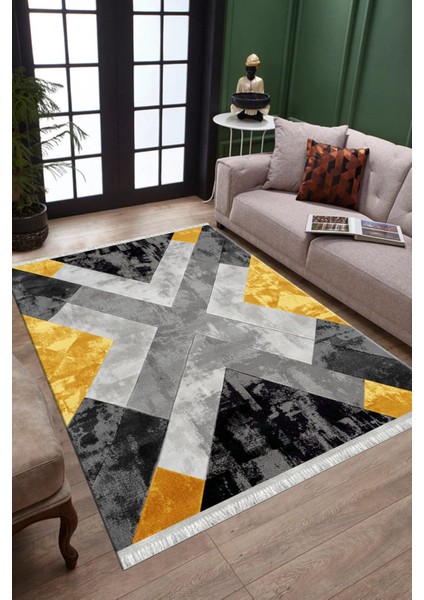 Geometrik Sarı Halı Makinede Yıkanabilir Kaymaz Tabanlı Kilim Dot Tabanlı Salon Halısı 0037F fiyatları