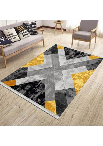Geometrik Sarı Halı Makinede Yıkanabilir Kaymaz Tabanlı Kilim Dot Tabanlı Salon Halısı 0037F modelleri