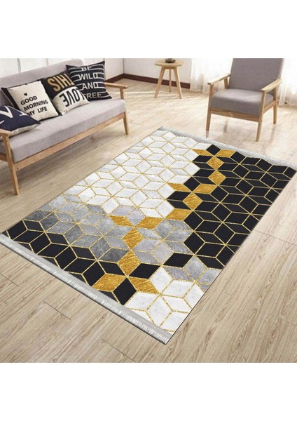Petek Desenli Gold Halı Kaymaz Taban Makinede Yıkanabilir Dot Tabanlı Salon Halısı 0033C