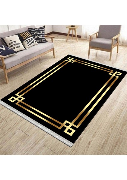 Düz Çizgili Siyah Modern Makinede Yıkanabilir Kaymaz Taban Kilim Dot Tabanlı Salon Halısı 0066Ö
