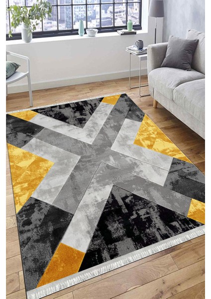 Geometrik Sarı Halı Makinede Yıkanabilir Kaymaz Tabanlı Kilim Dot Tabanlı Salon Halısı 0037F fırsatları