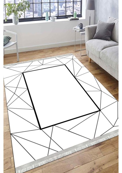 Siyah Çizgili Geometrik Halı Kaymaz Taban Makinede Yıkanabilir Dot Tabanlı Salon Halısı 0032D fırsatları