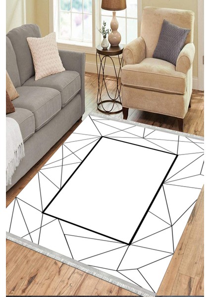 Siyah Çizgili Geometrik Halı Kaymaz Taban Makinede Yıkanabilir Dot Tabanlı Salon Halısı 0032D