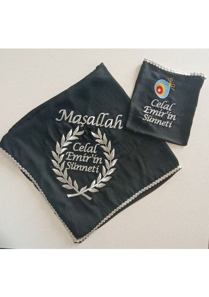 Isimli Sünnet Şalı Omuz Örtüsü Maşallah Ay Yıldız Tuğra Nakış Işlemeli Kına Şalı Isimli Kına Eldiveni Isme Özel Siyah Mavi ve Beyaz Renkler fiyatları