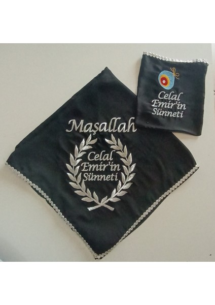 Isimli Sünnet Şalı Omuz Örtüsü Maşallah Ay Yıldız Tuğra Nakış Işlemeli Kına Şalı Isimli Kına Eldiveni Isme Özel Siyah Mavi ve Beyaz Renkler modelleri