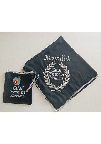 Isimli Sünnet Şalı Omuz Örtüsü Maşallah Ay Yıldız Tuğra Nakış Işlemeli Kına Şalı Isimli Kına Eldiveni Isme Özel Siyah Mavi ve Beyaz Renkler indirimleri