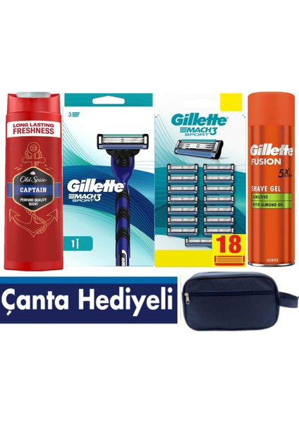 Mach3 Sport Tıraş Makinesi + Mach3 Sport 18 Adet Yedek Tıraş Bıçağı + 200 ml Fusion Jel +Old Spice 400 ml Şampuan +Seyahat Çantası